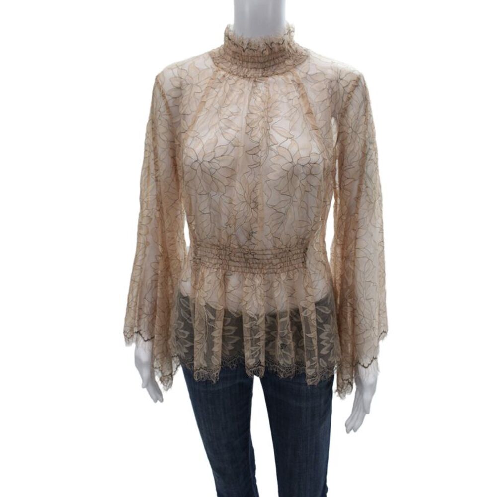Alice McCall Women Beige Lace Mesh Floral High Neck Long Sleeve Blouse Size 2